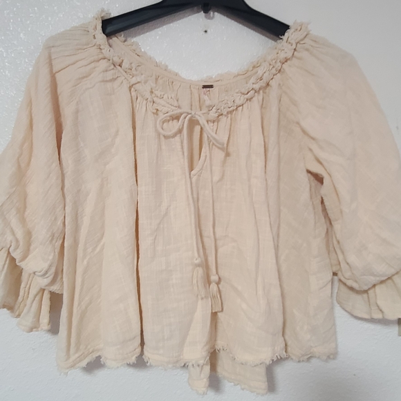 Free People Women's Cream Peasant Blouse with Tie Neck - Picture 2 of 10